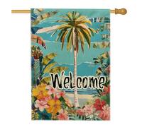 Drapeau de jardin de bienvenue avec palmier tropical, bannière florale d'été, décoration d'intérieur paradisiaque bohème, décoration de pelouse extérieure double face, 71 x 101,6 cm
