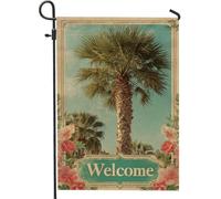 Drapeau de jardin de bienvenue avec palmier tropical, décoration florale vintage, bannière de pelouse d'été pour la maison, décoration double face 30,5 x 45,7 cm