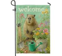 Drapeau de jardin de bienvenue, bannière florale Capybara extérieure, décoration de cour double face, décoration de pelouse en toile de jute 30,5 x 45,7 cm