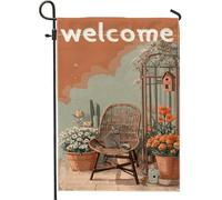 Drapeau de jardin de bienvenue, chat et fleur en terre cuite, bannière double face en toile de jute, décoration de la maison, panneau de pelouse de patio 30,5 x 45,7 cm