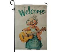 Drapeau de jardin de bienvenue, coloré sur le thème des musiciens âgés, décoration d'intérieur, drapeau double face en toile de jute pour décoration extérieure saisonnière, bannière de pelouse de
