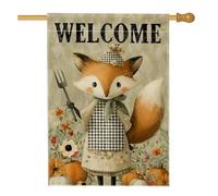 Drapeau de jardin de bienvenue d'automne, renard mignon avec fourchette de style ferme, décoration de maison d'automne, bannière de cour extérieure, motif floral double face pour décoration de pelouse