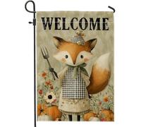 Drapeau de jardin de bienvenue d'automne, renard mignon avec fourchette de style ferme, décoration de maison d'automne, bannière de cour extérieure, motif floral double face pour décoration de pelouse