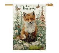 Drapeau de jardin de bienvenue d'automne, renard orange et papillons, décoration extérieure florale, bannière double face en toile de jute, décoration saisonnière de pelouse, 71 x 101,6 cm