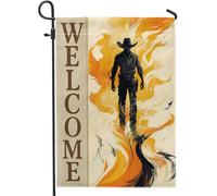 Drapeau de jardin de bienvenue de cowboy occidental, bannière extérieure rustique en toile de jute, décoration de cour printemps-été, panneau double face de style campagnard 30,5 x 45,7 cm
