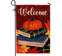 Drapeau de jardin de bienvenue de l'automne, citrouille orange et livres, bannière de décoration extérieure, drapeau de cour double face en toile de jute, décoration de pelouse d'automne 30,5 x 45,7