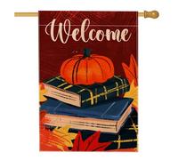 Drapeau de jardin de bienvenue de l'automne, citrouille orange et livres, bannière de décoration extérieure, drapeau de cour double face en toile de jute, décoration de pelouse d'automne 71 x 101,6 cm