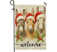 Drapeau de jardin de bienvenue de Noël, chapeau rouge ânes avec houx, décoration d'intérieur, drapeau de cour double face en toile de jute, décoration extérieure de vacances, 30,5 x 45,7 cm