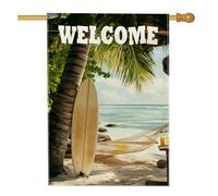 Drapeau de jardin de bienvenue de plage tropicale, planche de surf beige, palmier, décoration extérieure, bannière de pelouse d'été pour décoration de la maison, 71 x 101,6 cm