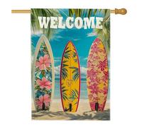 Drapeau de jardin de bienvenue de plage tropicale, planche de surf colorée et vive, décoration extérieure florale, bannière de pelouse d'été double face pour décoration d'intérieur, panneau de