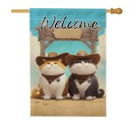 Drapeau de jardin de bienvenue de style occidental avec chat de cowboy marron, bannière de décoration d'intérieur, drapeau double face en toile de jute pour une utilisation quotidienne en plein air