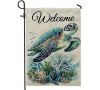 Drapeau de jardin de bienvenue de tortue océanique créatures océaniques bleues corail printemps été décoration de la maison toile de jute double face décoration de pelouse extérieure 12x18