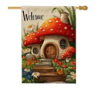 Drapeau de jardin de bienvenue, décoration de maison champignon coloré, bannière de pelouse double face en toile de jute, décoration extérieure printemps-été pour la maison et le jardin, 71 x 101,6 cm