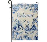Drapeau de jardin de bienvenue en forme d'animal mignon, éléphant bleu, girafe, ours, décoration extérieure, bannière double face en toile de jute printemps été pelouse bannière 30,5 x 45,7 cm