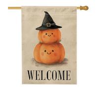 Drapeau de jardin de bienvenue en forme de citrouille d'automne, citrouilles souriantes orange avec chapeau de sorcière, décoration d'intérieur, drapeau de cour double face en toile de jute pour