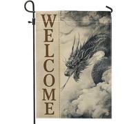 Drapeau de jardin de bienvenue en forme de dragon antique gris, bannière extérieure double face en toile de jute pour décoration de cour toutes saisons, 71 x 101,6 cm