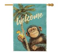Drapeau de jardin de bienvenue en forme de singe tropical, palmier bleu, drapeau double face en toile de jute pour fêtes d'été, décoration de pelouse amusante 71 x 101,6 cm