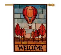 Drapeau de jardin de bienvenue en montgolfière, décoration extérieure saisonnière rouge et orange, bannière de pelouse de récolte d'automne, drapeau double face de style vitrail 71 x 101 cm