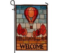 Drapeau de jardin de bienvenue en montgolfière, décoration extérieure saisonnière rouge et orange, bannière de pelouse de récolte d'automne, drapeau double face de style vitrail 30,5 x 45,7 cm