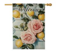Drapeau de jardin de bienvenue, jaune citron et rose pêche, décoration extérieure florale, bannière de pelouse saisonnière double face, décoration de la maison d'été, 71 x 101,6 cm