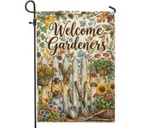 Drapeau de jardin de bienvenue, lanternes rustiques charmantes à fleurs vertes printanières double face en toile de jute pour extérieur, terrasse, pelouse, porche, entrée, camping 30,5 x 45,7 cm