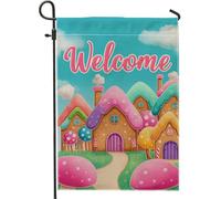 Drapeau de jardin de bienvenue, maisons de contes de fées colorées, décoration extérieure, bannière double face en toile de jute pour décoration de la maison printemps/été, 30,5 x 45,7 cm