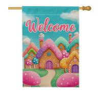 Drapeau de jardin de bienvenue, maisons de contes de fées colorées, décoration extérieure, bannière double face en toile de jute pour décoration de la maison printemps été 71 x 101,6 cm