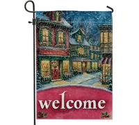 Drapeau de jardin de bienvenue, maisons de neige festives de Noël rouges double face en toile de jute décorative pour extérieur, terrasse, pelouse, porche, entrée, camping 30,5 x 45,7 cm