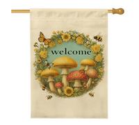 Drapeau de jardin de bienvenue, motif champignon beige, bannière double face en toile de jute pour fêtes de printemps et d'été, décoration de pelouse avec abeilles et papillons, 71,1 x 101,6 cm