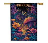 Drapeau de jardin de bienvenue, motif champignon floral coloré, bannière double face printemps été, décoration de jardin vibrante, 71 x 101,6 cm