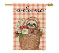 Drapeau de jardin de bienvenue paresseux, fond à carreaux avec fleurs et fraises, bannière double face en toile de jute pour décoration extérieure printemps été 71 x 101,6 cm