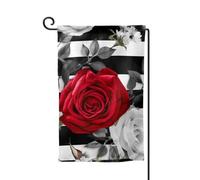 Drapeau de jardin de bienvenue pour l'extérieur - 31,8 x 45,7 cm - Double face - Résistant aux intempéries - Rayures noires et blanches - Fleurs de roses rouges - Drapeaux verticaux pour ferme