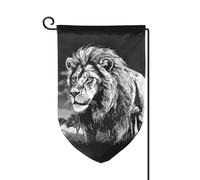 Drapeau de jardin de bienvenue pour l'extérieur - 31,8 x 45,7 cm - Double face résistant aux intempéries - Drapeau de maison lion noir et blanc - Illustration verticale pour ferme, extérieur, pelouse