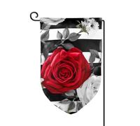 Drapeau de jardin de bienvenue pour l'extérieur - 31,8 x 45,7 cm - Double face - Résistant aux intempéries - Rayures noires et blanches - Fleurs de roses rouges - Drapeaux verticaux pour ferme