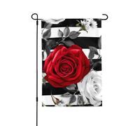 Drapeau de jardin de bienvenue pour l'extérieur - 71,1 x 101,6 cm - Double face - Résistant aux intempéries - Rayures noires et blanches - Fleurs de roses rouges - Drapeaux verticaux pour ferme