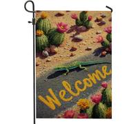 Drapeau de jardin de bienvenue pour plantes du désert, gecko coloré, bannière d'été pour décoration de pelouse, double face, style oasis en toile de jute 30,5 x 45,7 cm