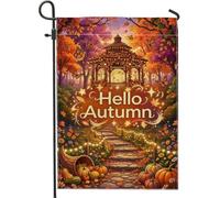 Drapeau de jardin de bienvenue saisonnier 30,5 x 45,7 cm | Chemin de pierre, drapeau de pelouse, corne d'abondance, citrouilles d'automne, guirlandes lumineuses lumineuses