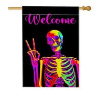 Drapeau de jardin de bienvenue squelette coloré, décoration de fête d'Halloween, bannière de pelouse double face vibrante, décoration extérieure de la maison, 71 x 101,6 cm