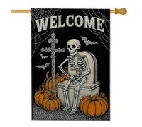Drapeau de jardin de bienvenue squelette d'Halloween, bannière décorative en forme de citrouille noire, drapeau double face en toile de jute pour décoration de pelouse extérieure, 71 x 101,6 cm