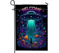 Drapeau de jardin de bienvenue, vaisseau spatial violet, décoration extérieure, drapeau double face en toile de jute pour décoration d'automne, Halloween, cour, 30,5 x 45,7 cm