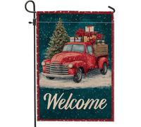 Drapeau de jardin de camion rouge d'hiver de Noël, scène enneigée, bannière de décoration extérieure, drapeau de cour double face en toile de jute, décoration de pelouse de fête de vacances, 30,5 x