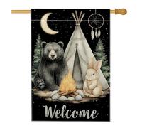 Drapeau de jardin de camping sauvage, ours noir et lapin, bannière de cour extérieure, décoration naturelle double face pour la saison d'automne, thème camping de style bohème, panneau de bienvenue