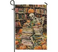 Drapeau de jardin de citrouille squelette d'Halloween pour les amateurs de livres d'automne, décoration effrayante, drapeaux de jardin, décoration de pelouse extérieure, 12 x 18 pouces
