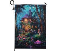 Drapeau de jardin de conte de fées, chalet enchanté avec lapins et champignons, décoration extérieure, bannière de printemps double face pour décoration de pelouse, 30,5 x 45,7 cm