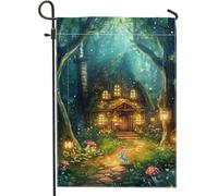 Drapeau de jardin de conte de fées, lapin de forêt enchantée et chalet, bannière de décoration d'intérieur, drapeau de pelouse saisonnier double face, décoration extérieure printemps-été, 30,5 x 45,7