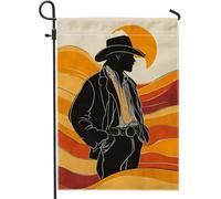 Drapeau de jardin de cowboy occidental, silhouette de coucher de soleil rustique, bannière extérieure, bannière double face en toile de jute, décoration de pelouse de vacances saisonnières, 30,5 x