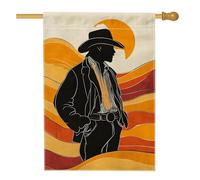 Drapeau de jardin de cowboy occidental, silhouette de coucher de soleil rustique, décoration d'intérieur extérieure, bannière double face en toile de jute, décoration de pelouse de vacances