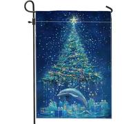 Drapeau de jardin de dauphin de Noël, drapeaux de décoration de l'océan bleu, drapeau double face pour patio en tissu extérieur pour vacances d'hiver, signe extérieur de Noël