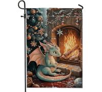 Drapeau de jardin de dragon de Noël, drapeau de jardin de dragon vert mignon pour la décoration extérieure, drapeau en toile de jute double face pour vacances d'hiver, signe extérieur