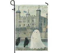 Drapeau de jardin de fantômes et corbeaux d'Halloween, drapeau décoratif de château hanté, décoration de pelouse double face pour vacances d'automne, 12 x 18 pouces